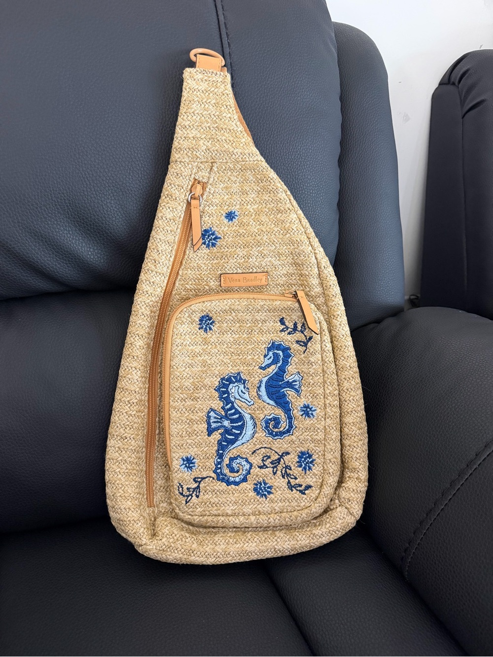 Vera Bradley Natural Straw Crossbody Sling with Blue Seahorse Embroidery